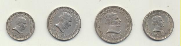 Uruguay. Lote de 4 monedas. 2, 5, 10 Centésimos 1953 y 25 Centésimos 1960