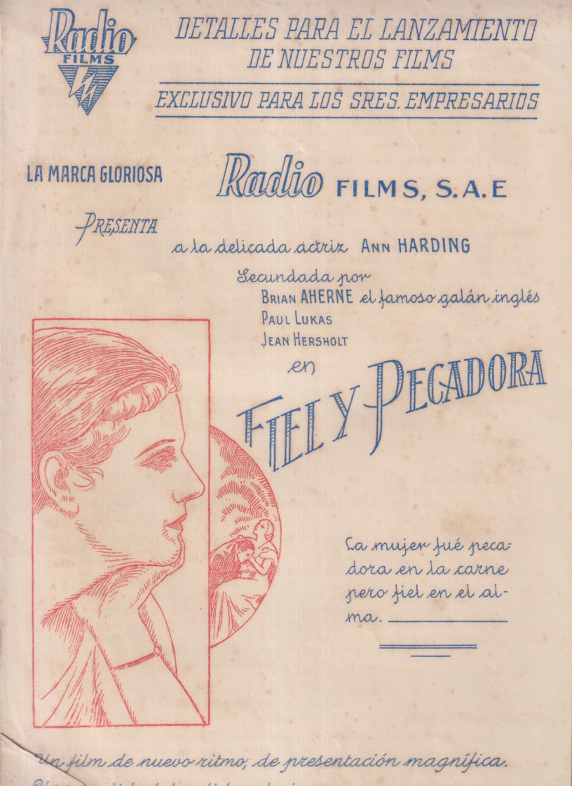 Fiel y pecadora (33x22) de Radio Films 1934. Detalles para el lanzamiento de nuestros Films. Contiene 3 hojas: guía de portada + 2 para describir