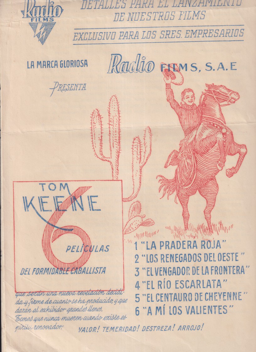 la pradera roja de tom kaine, Radio Films 1933. Detalles para lanzamiento de nuestro films. Contiene 3 hojas (33x22) Guía + 2 describir el film. rara