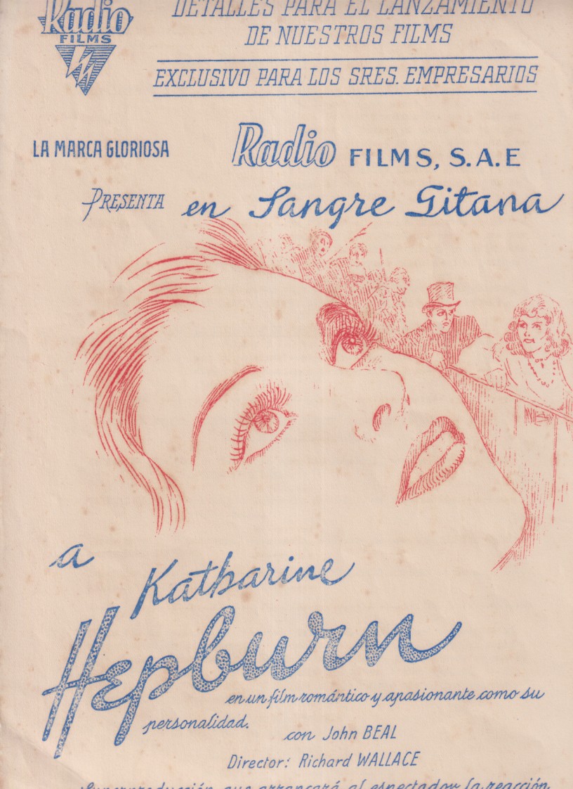 Sangre gitana guía de Radio Films 1934. Triple hoja (33x22) Guía de portada + 2 para describir el film. para uso exclusivo de los empresarios. rara
