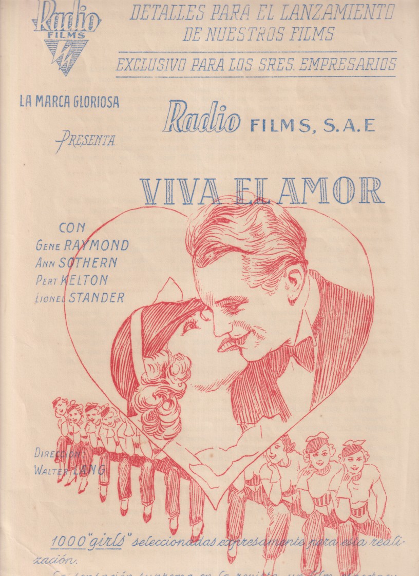 Viva el amor. Guía de Radio films 1935. Triple hoja (33x22): Guía de portada + 2 a describir el film. para uso exclusivo de los empresario. rara