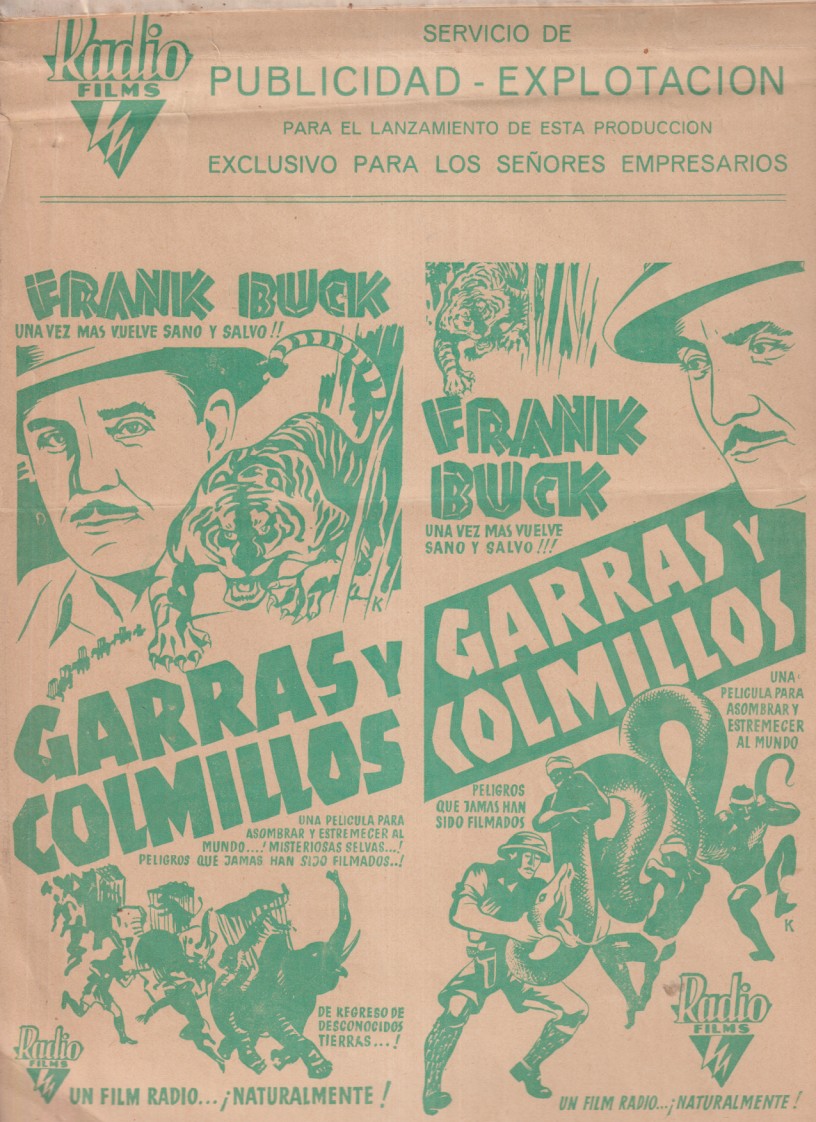 Garras y Colmillos. Guía Radio Films 1935. Triple hoja (33x22) Guía de portada + 2 que describe 2 films. para uso exclusivo de los empresarios. rara