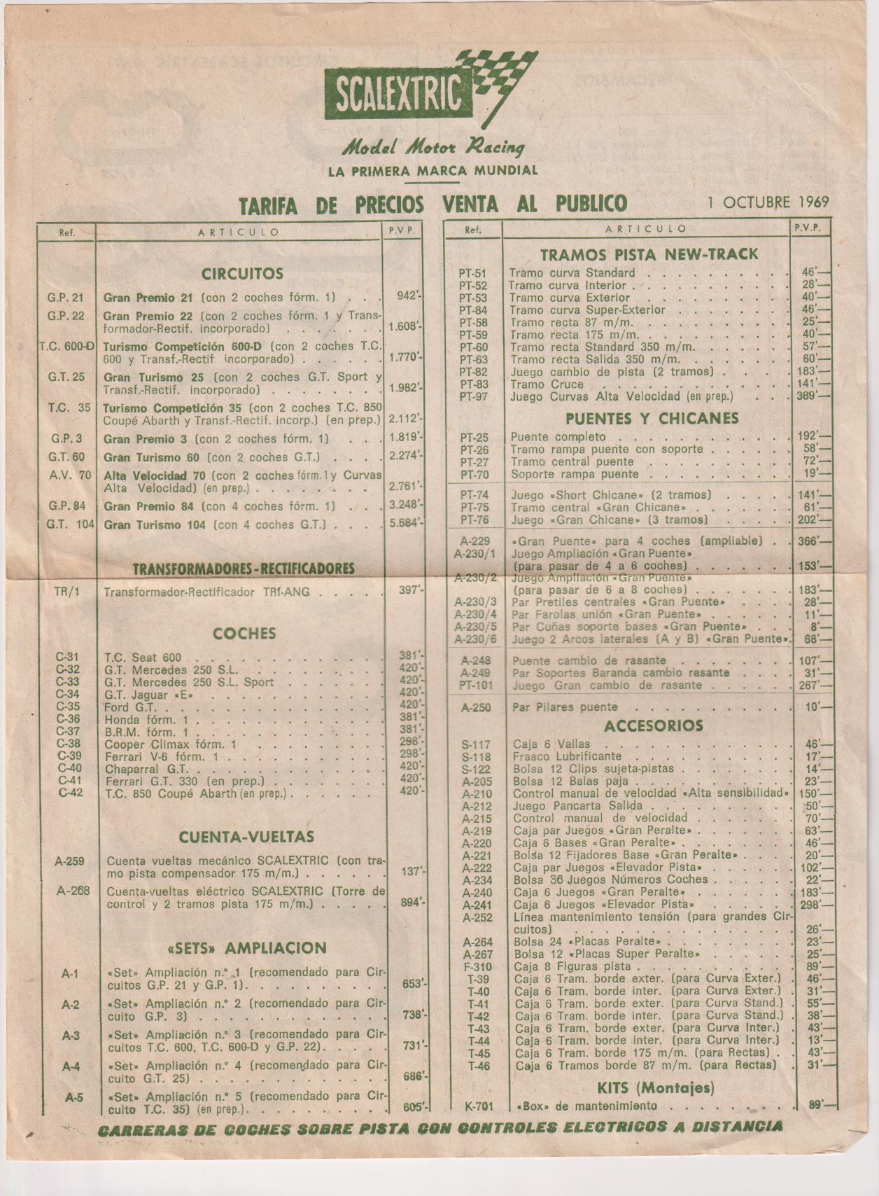 Scalextric. Tarifa de Precios venta al público 1 Octubre 1969