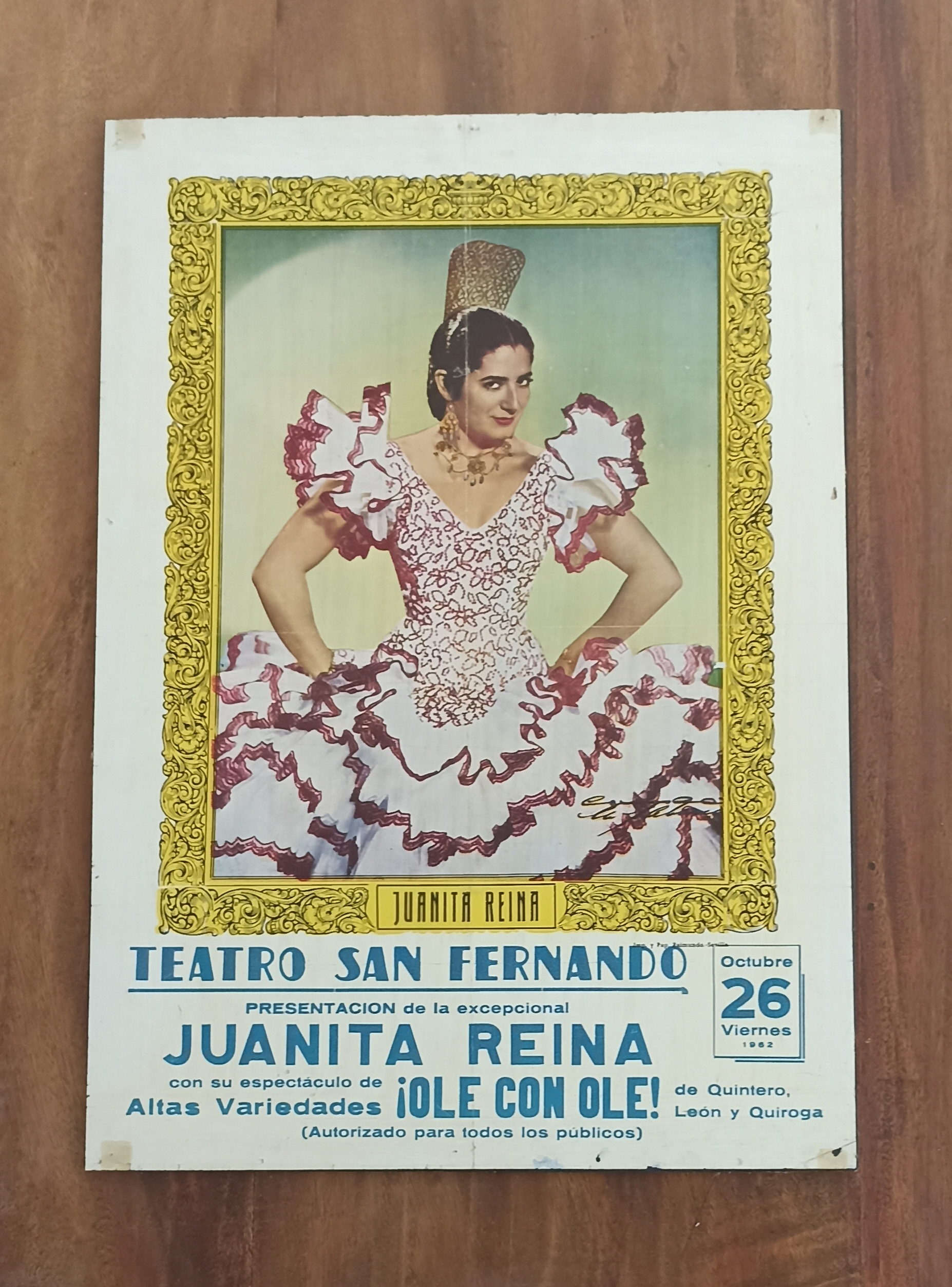 Juanita Reina. Teatro San Fernando, Sevilla 1962. Cartel (71,5x50 cm.) pegado en tabla