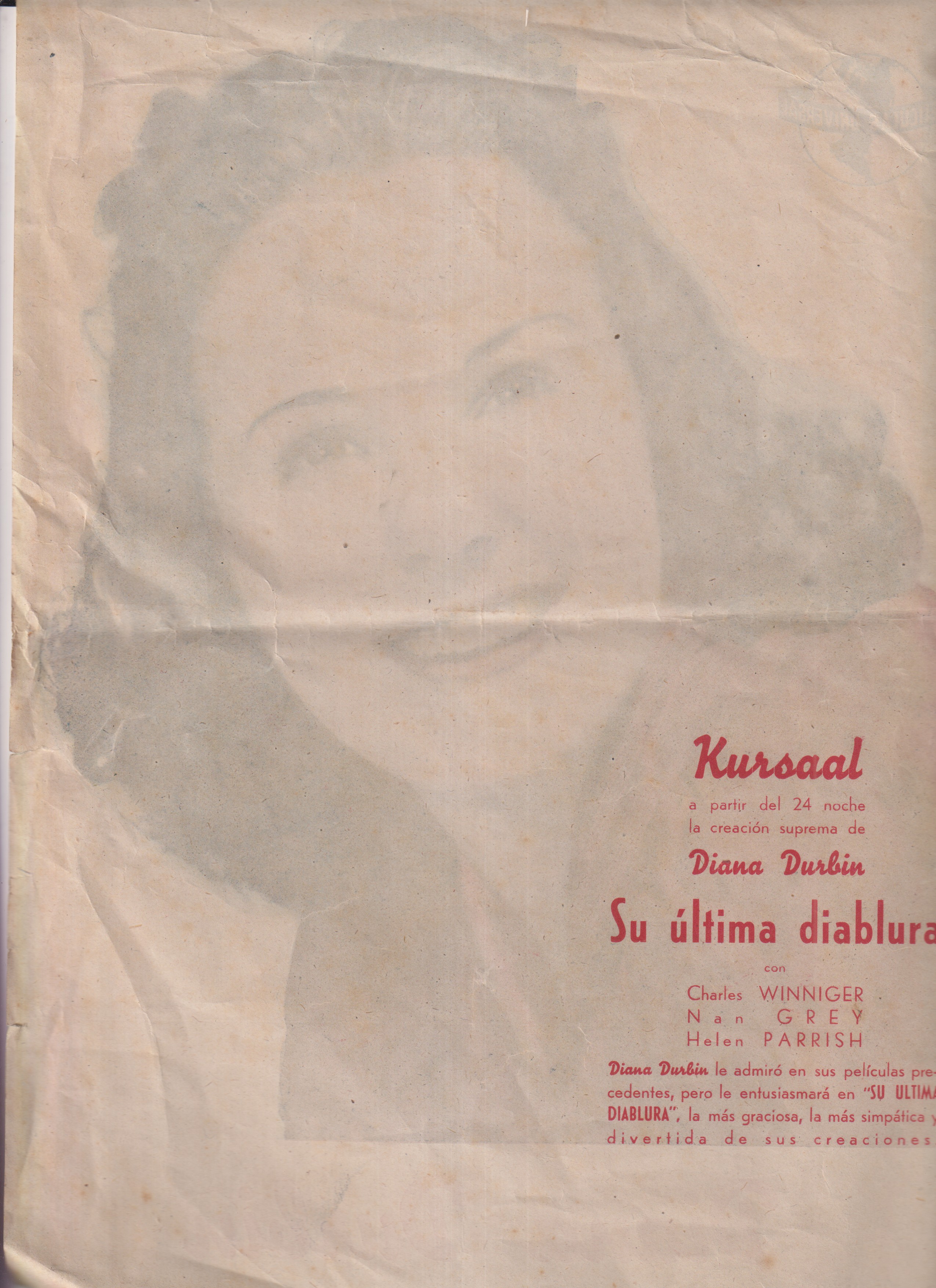 Diana Durbin. Su Última Diablura. Pequeño Cartel (32x22). Cine Kursaal