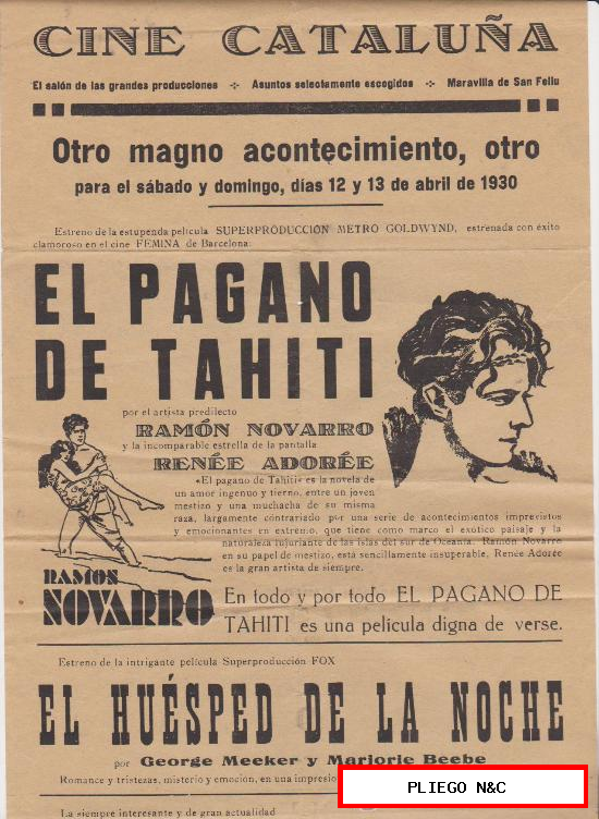 El Pagano de Tahití. Pequeño cartel (42x21) de MGM. Cine Maravilla-San Feliú 1930