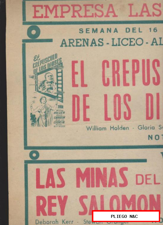Empresa Las Arenas. Cartel (35x49) 16 al 22 Febrero 1953. El Crepúsculo de los Dioses