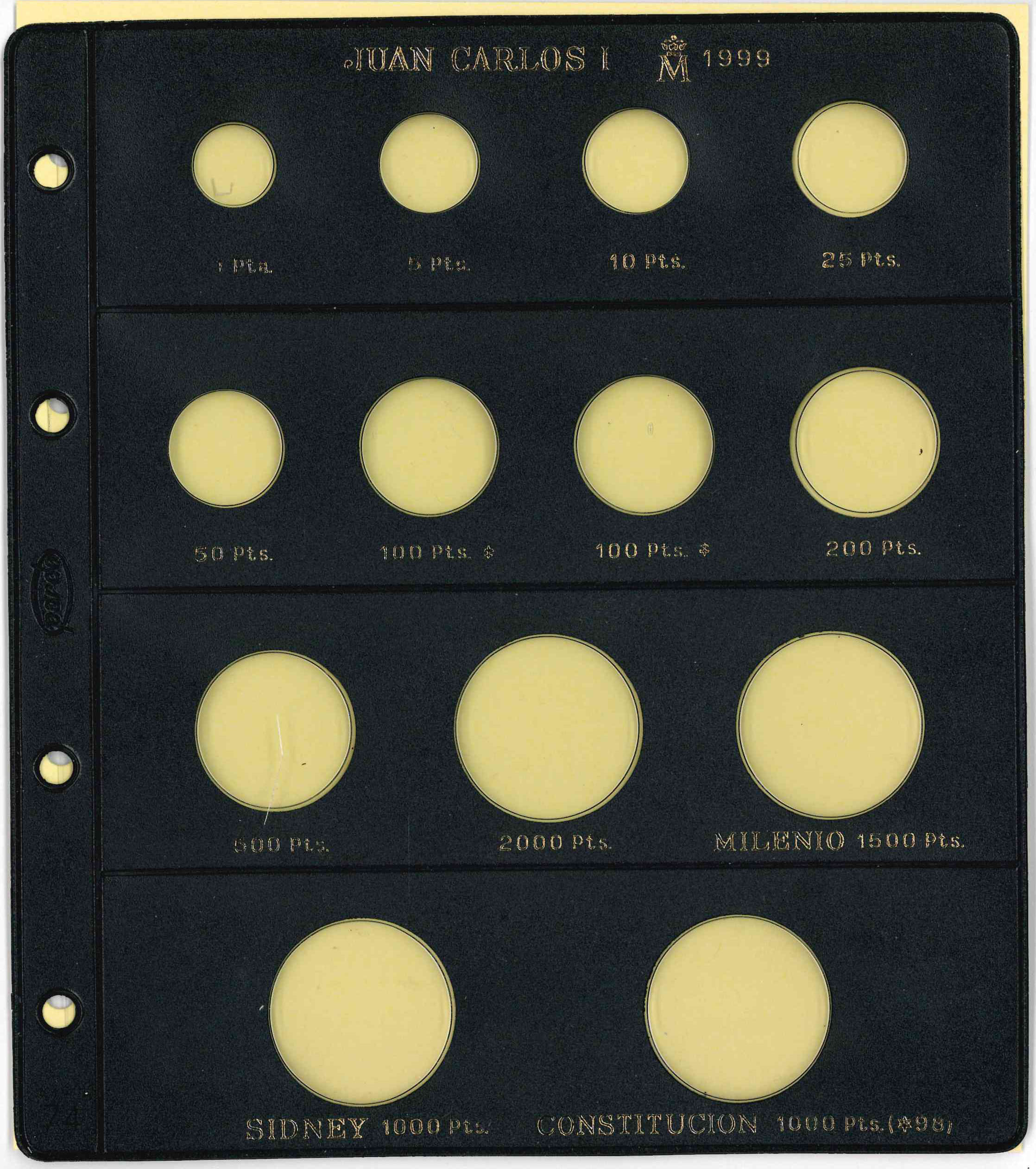 Pardo. Funda monedas de Pesetas Juan Carlos I 1999. Hoja B16b. 13 alojamientos