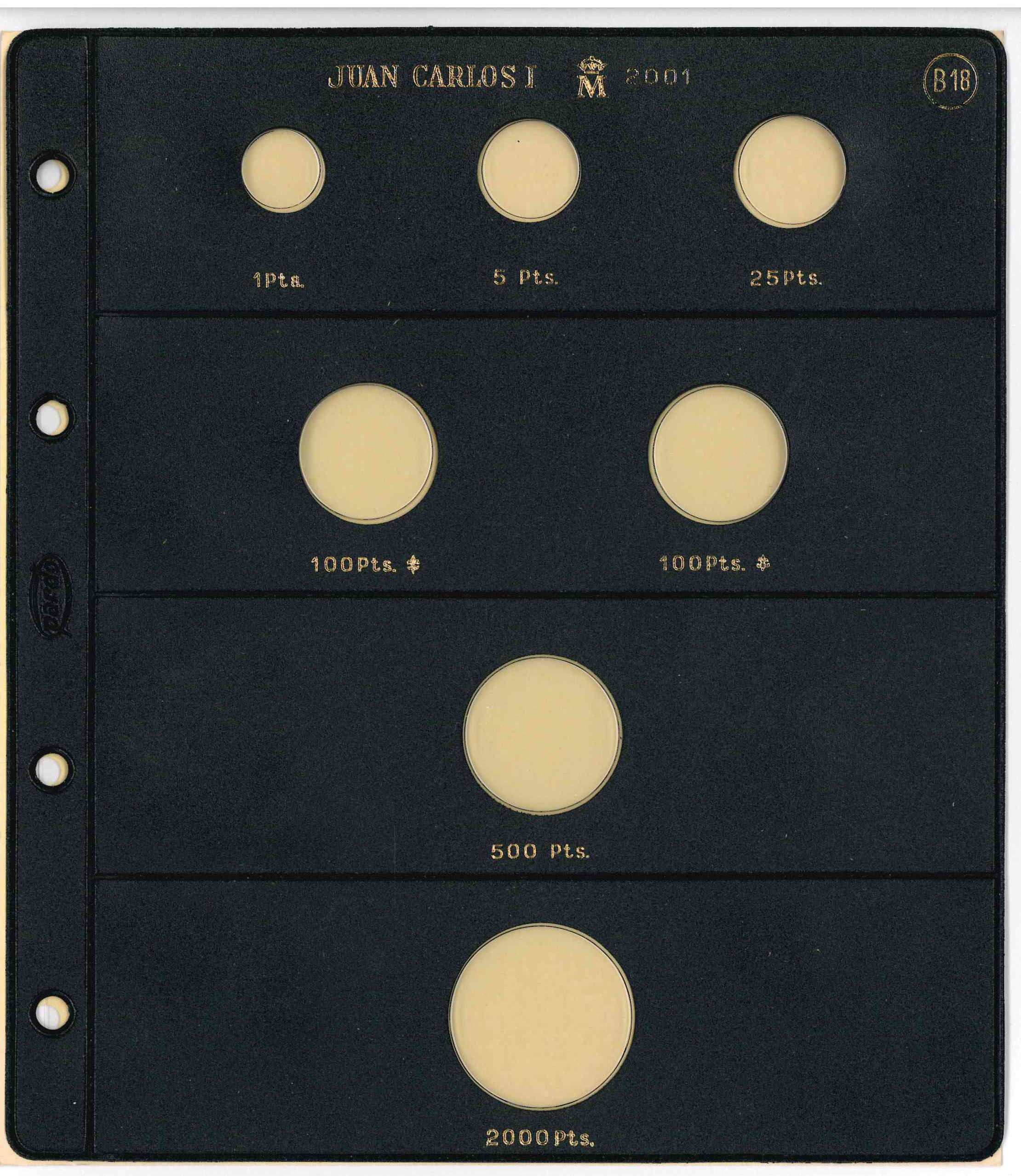Pardo. Funda monedas de Pesetas Juan Carlos I 2001. Hoja B18