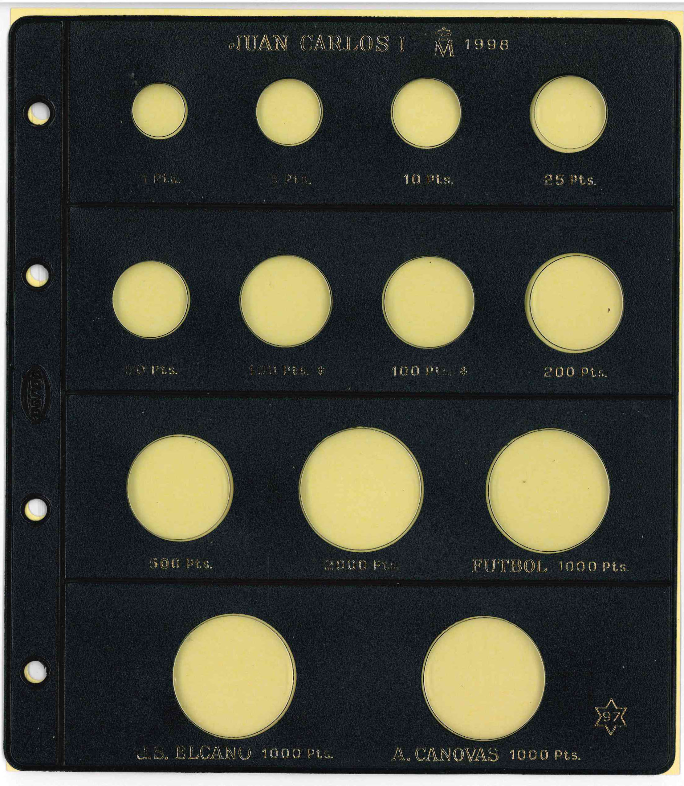 Pardo. Funda monedas de Pesetas Juan Carlos I 1998. Hoja B15b. 13 alojamientos