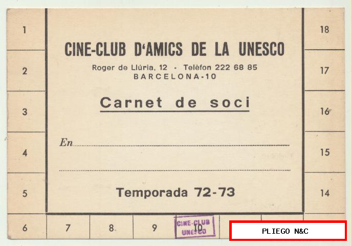 cine club d´amics de la UNESCO. Carnet de soci. Barcelona temporada 72-73