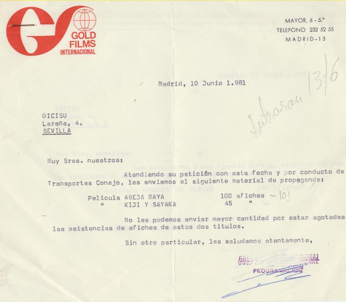 Lote 2 facturas de Gold Films por la venta de afiches de Abeja Amaya y Kiji y Sayaka. Sevilla 1981
