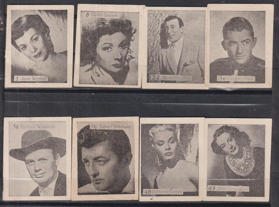 Artistas de Cine. Lote de 9 Cromos (6x5) nº 1, 8, 32, 36, 38, 42, 48 y 49. Años 50