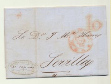 Carta de Cádiz a Sevilla, del 25-Oct-1849. Baeza 39 R. y Marca 10 rojo. Con sello y fecha de Arrigunaga e Hijos-Cádiz y fechador de llegada Sevilla