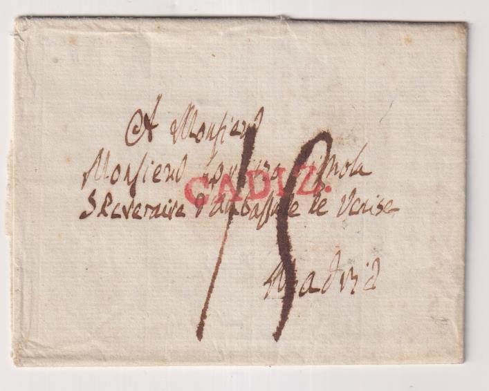 Carta de Cádiz a Madrid. del 3 Feb. 1791. con marca 11 R. y porteo 15 N