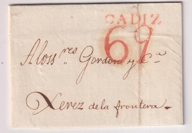 Carta de Cádiz a Jerez de la Frontera del 12 Feb. 1819, con marca 13 R. y porteo 69 R. LUJO