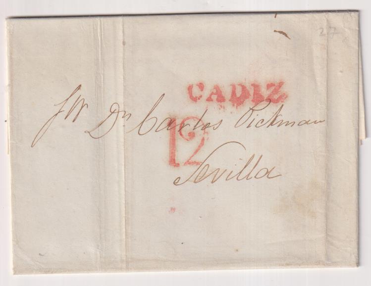 carta DE Cádiz A Sevilla DEL 25 Oct. 1841. con marca 27 R. y porteo 12 R. BONITA CARTA