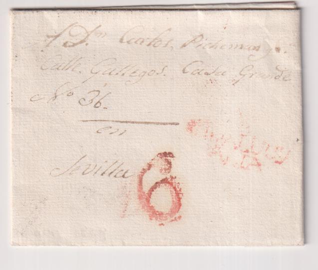 Cata de jaén a Sevilla del 3 Sep. 1829, con marca 5 R. y porteo 6 R. MUY ESCASA