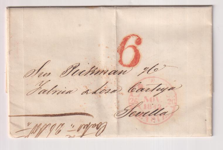 Carta de Cádiz a Sevilla del 16 Nov. 1842 con Baeza 29 R. y porteo 6 R., Fechador de llegada