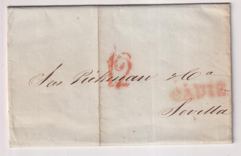 Carta de Cádiz a Sevilla del 22 Ene. 1842, con marca 27 R. y porteo 12 R