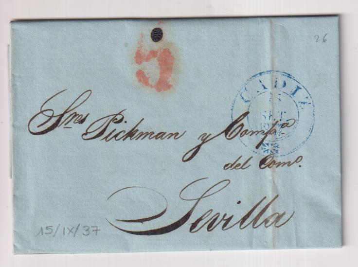 Carta de Cádiz a Sevilla del 15 Sep. 1837, con marca 25 A. y porteo 5 R