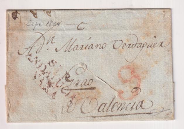 Carta de Lepe a Valencia del 8 Dic. 1804, con marca 1 R. y porteo 9 R., MUY ESCASA