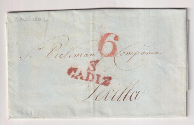 Carta de Sanlúcar a Sevilla del 27 Sep. 1841, con marca 2 R. y porteo 6 R. ESCASA. LUJO