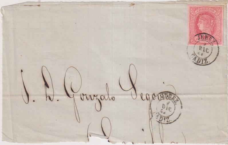 Frontal de carta de Jerez a Sevilla del 4 Dic. 1864. Con Edifil 64