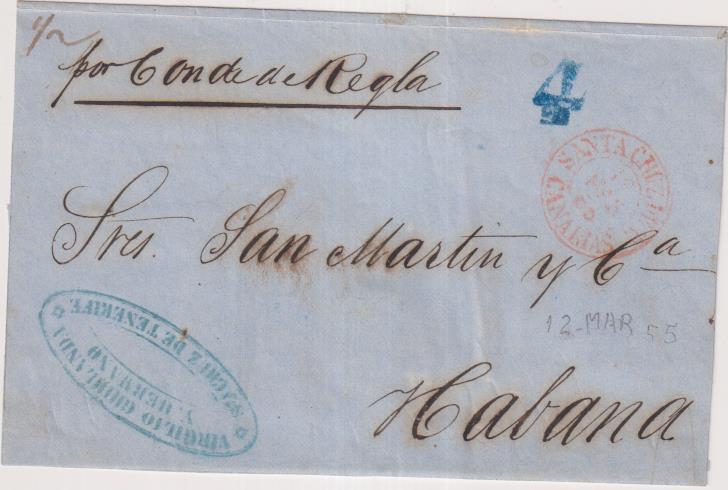 Sobre (sin carta) De Santa Cruz de Tenerife a La Habana del 12 Mar. 1955. Fechador R.