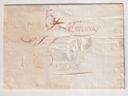 Carta de Pamplona a Tudela del 15 Ene. 1839 con marca 33R. y porteo 5 R