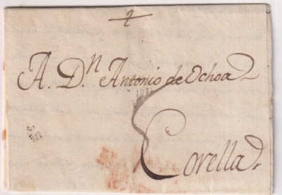 Carta de Pamplona a Corella del 16 may. 1807 con marca 20 o 21 poco visible