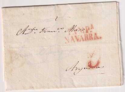 Carta de Pamplona a Arguedas del 23 Mar. 1832 con marca 32R. y porteo 5 R