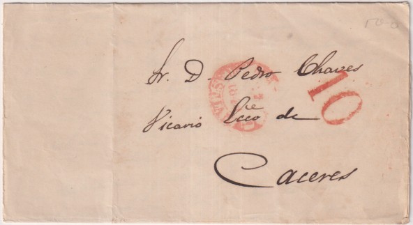 Carta de Madrid a Cáceres (vicario de Cáceres) del 27 de Octubre 1849 con Baeza 15R. Tipo II-III y porteo 10 R.