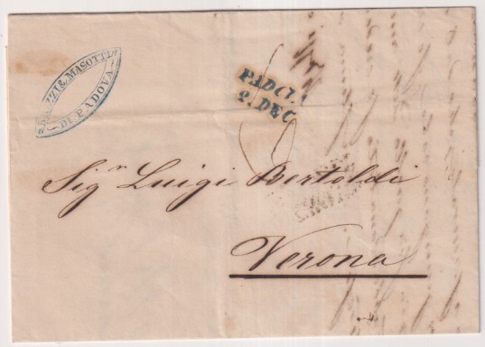 Prefilatelia. Italia. Carta de Padova a Verona del 2 Dic. 1846. Con marca N. Fechador V. y Cosario Azul. Bonita