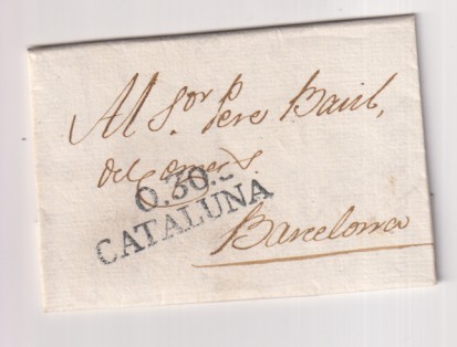 Carta de Olot a Barcelona del 24 Ene. 1820 Con Marca 4 Negro. Bonita carta. Muy Escasa