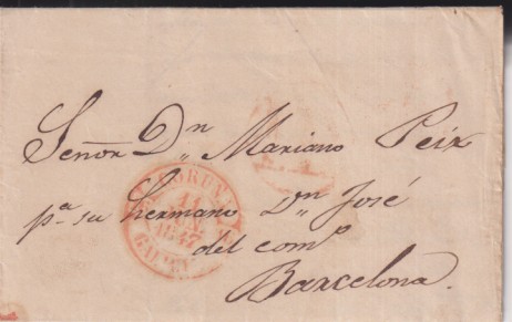 Carta de Coruña a Barcelona del 11 Jun. 1847 con Baeza 11R. y Portes Pagados Rojo?