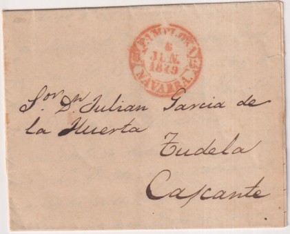 Carta de Pamplona a Tudela Cascante del 9 Jun. 1849. Con Baeza 34R. Bonita y bien conservada carta