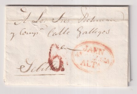 Carta de Jaén a Sevilla los Sres Pickman (marqués) del 23 Nov. 1934 con Marca 6R y Franqueo 6R.