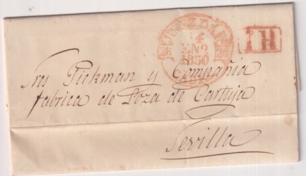 Carta de Jerez de la Frontera (Francisco Garam..) a Sevilla (M. Pixkman) del 14 Ene. 1850 con Baeza 4R. y Porteo 1R. 00216244