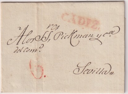 Carta de Cádiz (Fra. de las Heras) a Sevilla (M. Pickman) del 7 Ago. 1832. marca 15R. y porteo 6R. Bonita carta con muy Bella Caligrafía en interior