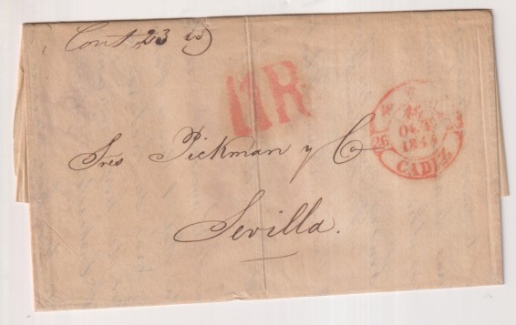 Carta de Cádiz (Pegler H.) a Sevilla (M. Pickman) del 4 Oct. 1844 con Baeza 29R-II y porteo 11R + fechador Baeza de llegada a Sevilla