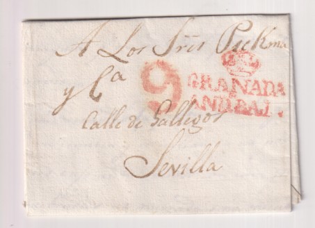 Carta de Grana (Fra. de Paula) a Sevilla (M.Pickman) Con marca 19R. y porteo 9R o 6.