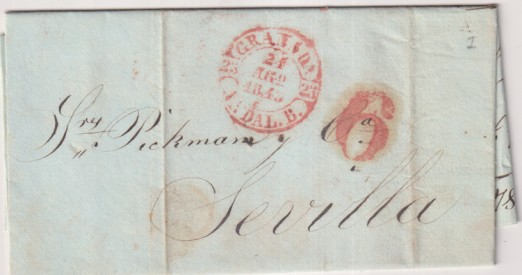 Carta de Granada (M. y Céspedes) a Sevilla (M. Pickman) del 24 Ago. 1845 con Marca 26R.-1 y porteo 6R. + fechador de llegada a Sevilla
