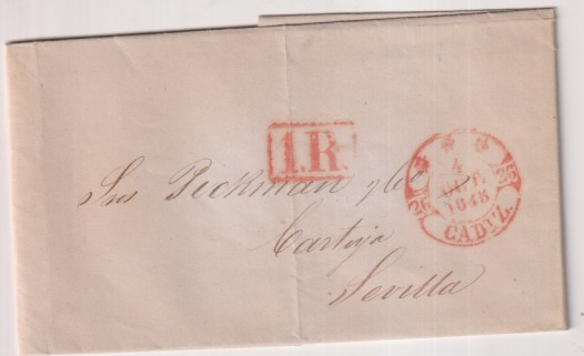 Carta de Cádiz (La Cabe) a La Cartuja- Sevilla (M. Pickman) del 4 Oct. 1845 con marca 29R-II y Porteo 1.R. Bella carta con Bonita marca y porteo+ fe-