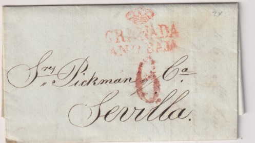 Carta de Granada (M. y Céspedes) a Sevilla (m. Pickman) del 4 Oct. 1834 con marca 24R y Porteo 6R. El contenido de la carta es Pedico de Soperas y -