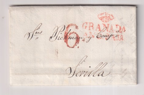 Carta de Granada (M. Céspedes) a Sevilla (M. de Pickman) del 22 Nov. 1834 con Marca 23-24 R. y Porteo 6R. . Curiosa cuartlla de escribir a doble hoja-