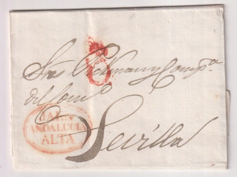 Carta de Córdoba a Sevilla (M. Pickman) del 25 Ene. 1835 con marca 6R. y porteo 6R.