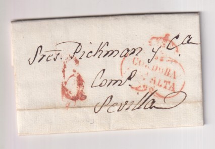 Carta de Córdoba a Sevilla (M. Pickman) del 7 Jul. 1834 con marca 6R y porteo 6R. Curioso el contenido de la carta hablando de "sospechosos"