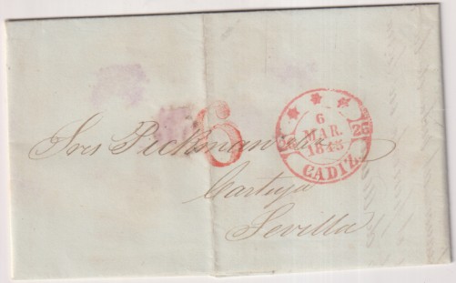 Carta Cádiz (La Cave) a Sevilla (M. de Pickman) del 6 de Mar. 1845. Con Baeza 29R-I. Bonita Marca. Carta a dos folios, uno como factura