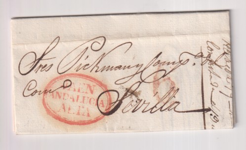 Carta de Jaén a Sevilla (M. de Pickman) del 17 de Abr. 1834. con marca 6R y porteo 6R. Bonita marca